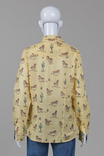 Load image into Gallery viewer, Tin Haul yellow horse &amp; cactus print collared western style shirt with pearl snaps (M)
