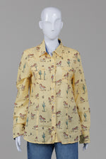 Load image into Gallery viewer, Tin Haul yellow horse &amp; cactus print collared western style shirt with pearl snaps (M)
