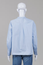 Load image into Gallery viewer, Jil Sander blue pinstripe collarless shirt with pintucks and french cuffs (36)
