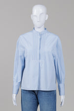 Load image into Gallery viewer, Jil Sander blue pinstripe collarless shirt with pintucks and french cuffs (36)
