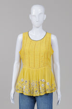 Load image into Gallery viewer, Maeve yellow sleeveless scoop neck top with bead and flower embellishment (6)
