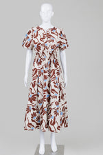 Load image into Gallery viewer, Bellaumbra Beige/Brown/Blue Print Shirred Waist Tiered Maxi Dress (L) *New w/ tags
