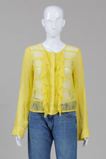 Load image into Gallery viewer, BCBGMaxAzria Tumeric Georgette &amp; Lace Ruffled Blouse (S)
