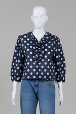 Load image into Gallery viewer, Smythe Navy Polka Dot Seersucker Ruffled Blouse (M)
