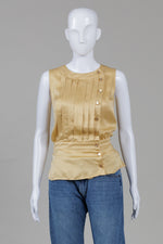 Load image into Gallery viewer, Perry Ellis Gold Hammered Silk Sleeveless Blouse w/ Peplum (4)
