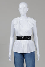 Load image into Gallery viewer, BCBGMaxAzria White Ruffled Sleeveless Blouse w/ Black Cinch Waist Belt (XXS)
