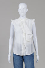 Load image into Gallery viewer, BCBGMaxAzria White Shadow Stripe Cap Sleeve Ruffled Blouse (XS) *New w/ tags
