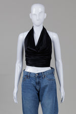 Load image into Gallery viewer, Copa Black Satin Cowl Halter Top (S)
