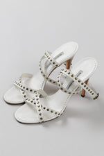 Load image into Gallery viewer, Manolo Blahnik creme strappy sandals with copper stud detailing (worn heel + 1 heel cap with crack)(39)
