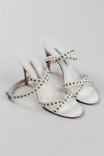 Load image into Gallery viewer, Manolo Blahnik creme strappy sandals with copper stud detailing (worn heel + 1 heel cap with crack)(39)
