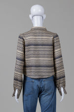 Load image into Gallery viewer, Covet Navy/Beige Geometric Stripe Print Crop Shirt (S)
