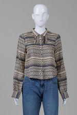 Load image into Gallery viewer, Covet Navy/Beige Geometric Stripe Print Crop Shirt (S)

