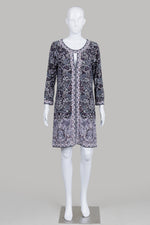 Load image into Gallery viewer, BCBGMaxAzria Black/Purple/Lt Blue Print Long Sleeve Dress (M)
