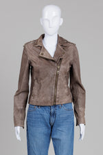 Load image into Gallery viewer, Doma Distressed Taupe Leather Moto Jacket (S)
