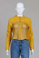 Load image into Gallery viewer, Bano eeMo Mustard Laser Cut Leather Zip Jacket (6)
