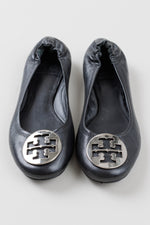 Load image into Gallery viewer, TORY BURCH black leather flats with silver double ‘T’ hardware (9.5)
