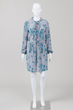 Load image into Gallery viewer, Rebecca Taylor Grey/Blue Rose Print Long Sleeve Ruffled Dress (6)
