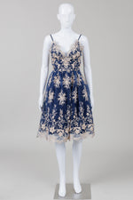 Load image into Gallery viewer, Chi Chi London Navy/Beige Floral Embroidery Spaghetti Strap Dress (UK 6)
