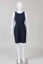 Load image into Gallery viewer, Elie Tahari Navy Sheath Dress w/ Neck Tucks
