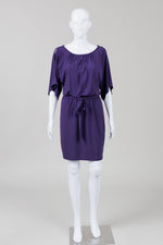 Load image into Gallery viewer, Trina Turk Purple Short Sleeve Belted Dress w/ Gathered Neck
