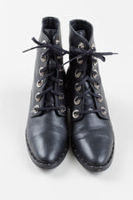 Load image into Gallery viewer, FREDA SALVADOR pointed black leather lace-up ankle boot w/ metallic stud design, (9)
