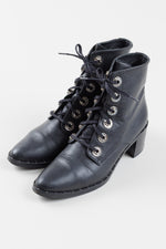 Load image into Gallery viewer, FREDA SALVADOR pointed black leather lace-up ankle boot w/ metallic stud design, (9)
