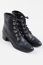 Load image into Gallery viewer, FREDA SALVADOR pointed black leather lace-up ankle boot w/ metallic stud design, (9)
