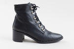 Load image into Gallery viewer, FREDA SALVADOR pointed black leather lace-up ankle boot w/ metallic stud design, (9)
