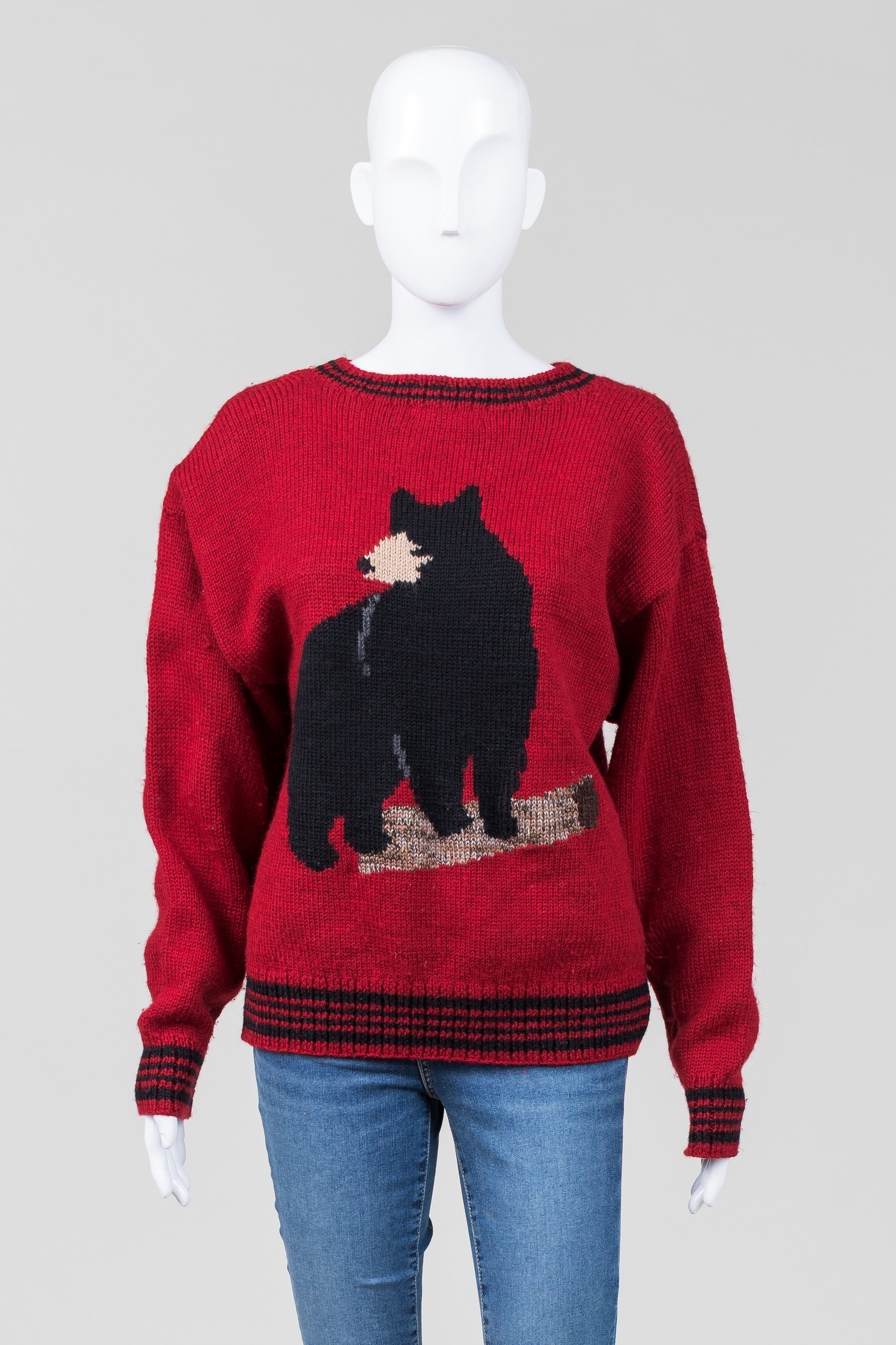 Marzipan and Company Red Crewneck Sweater w/ Bear in Back, Hand knit in Uruguay (M)