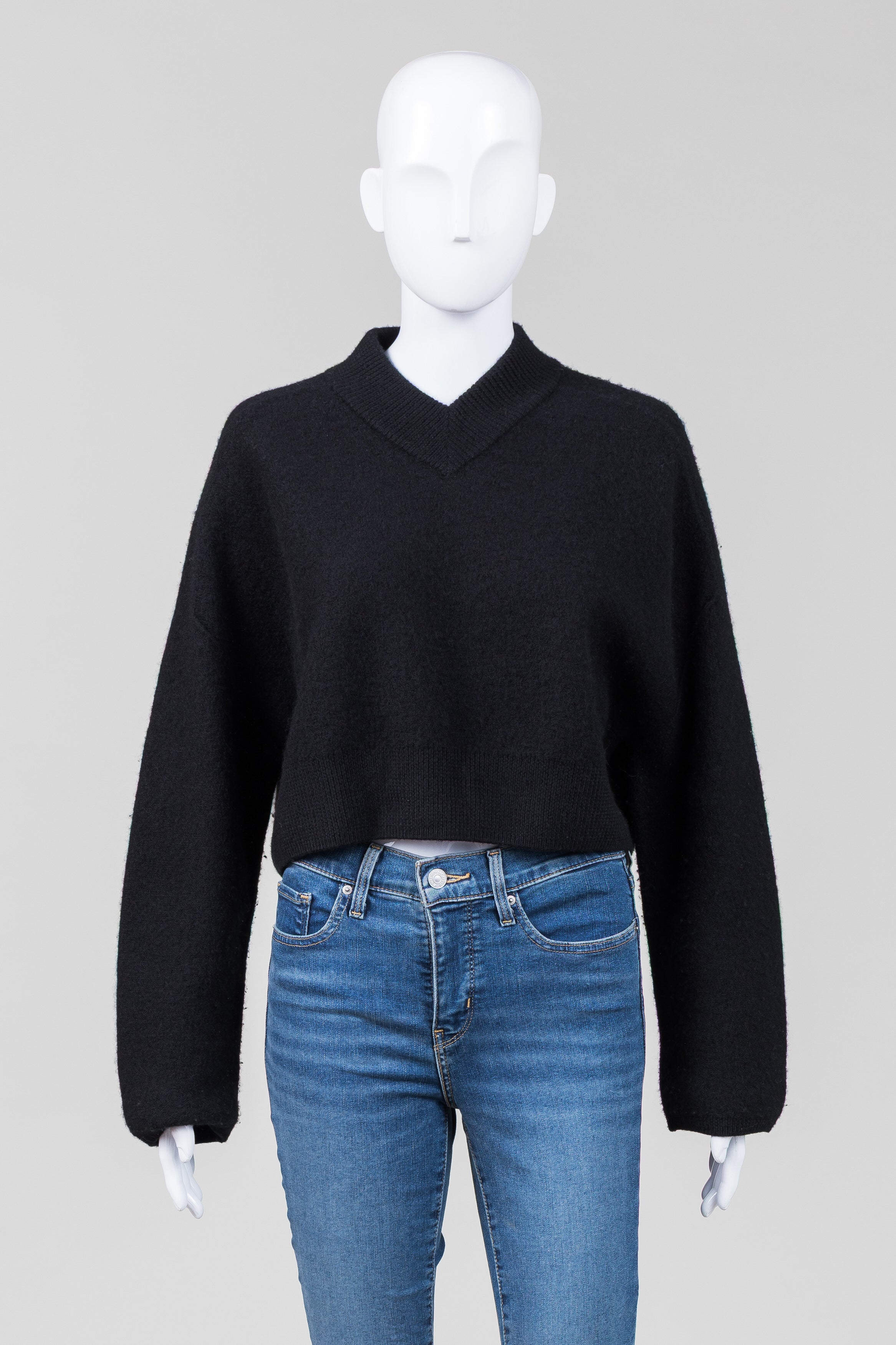 COS Black Boiled Wool Cropped High V Sweater (XS)