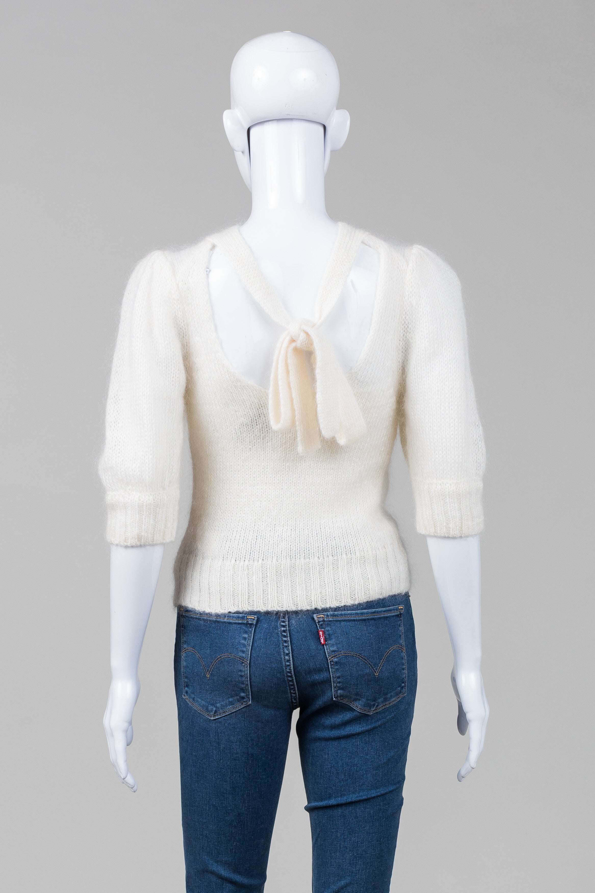 Ganni Ivory Puff Sleeve Sweater w/ Scoop Back Neck & Tie (XS)