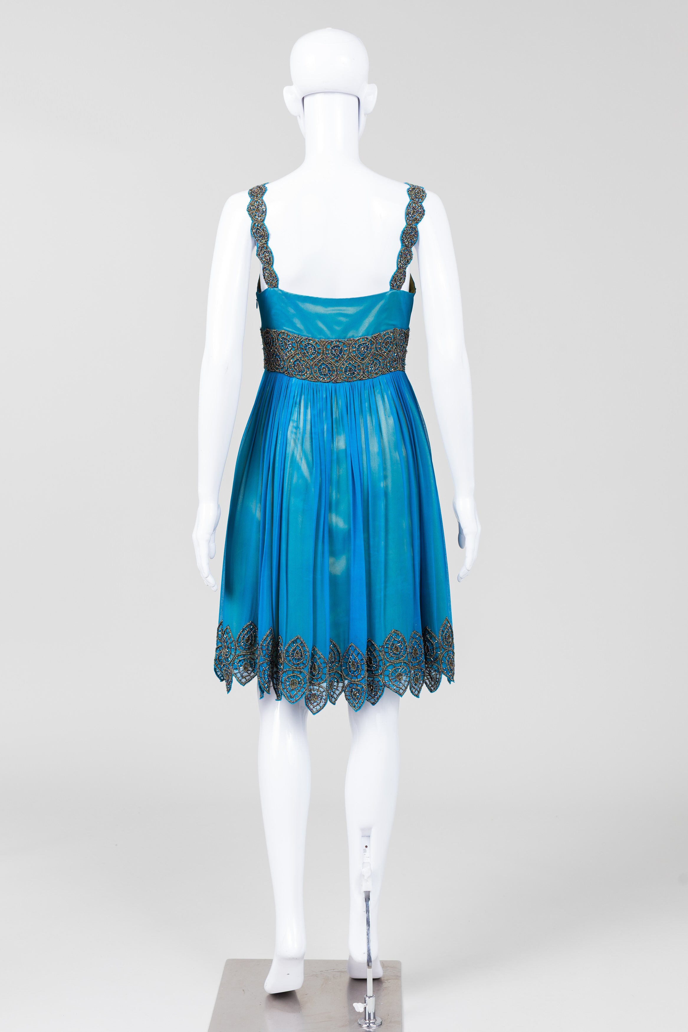 Adrianna Papelle Peacock Blue W/ Gold Underlayer Cocktail Dress w/ Beading (4)