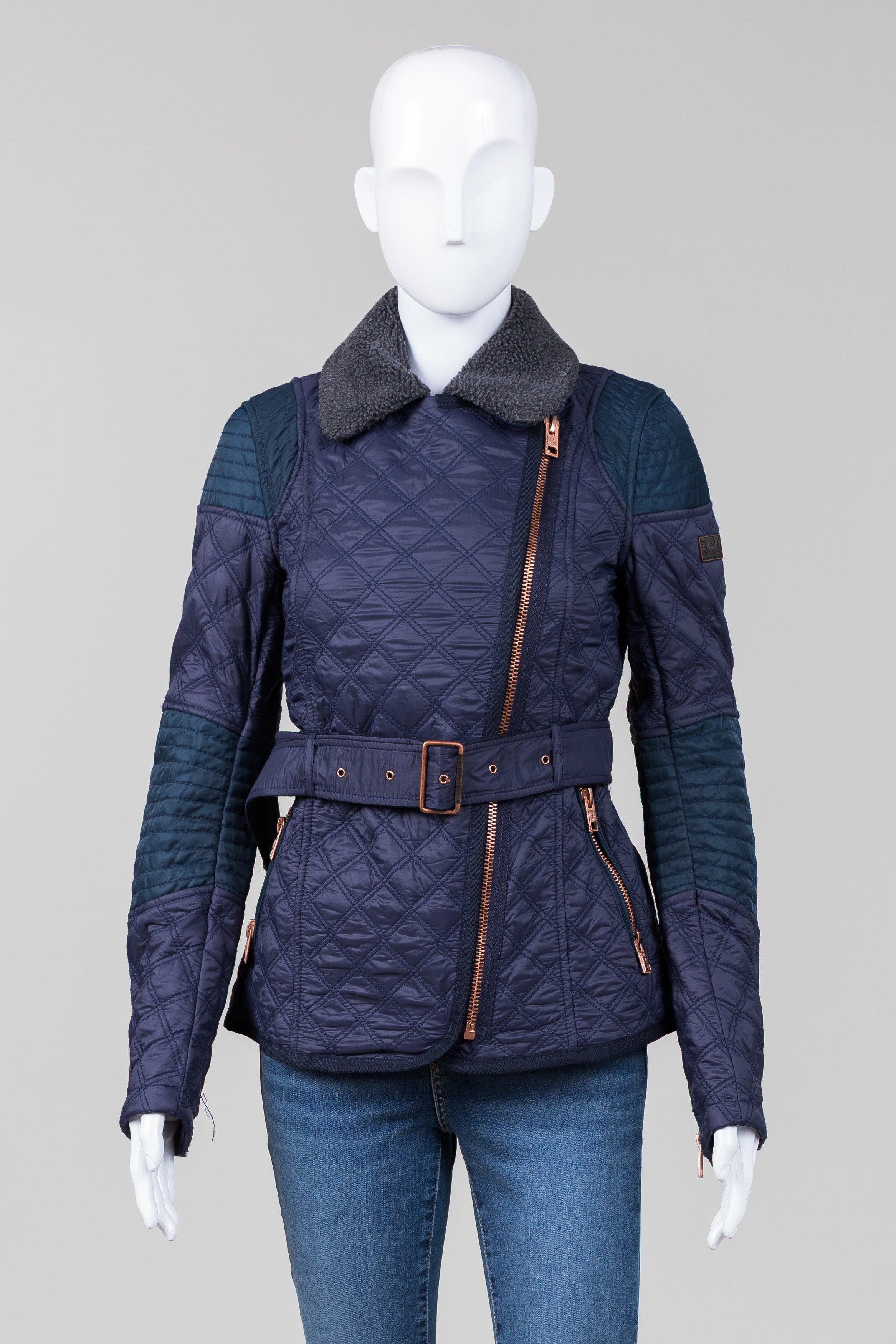 Superdry Limited Navy Quilted Zip Front Jacket w/ Faux Sherpa Collar (S)