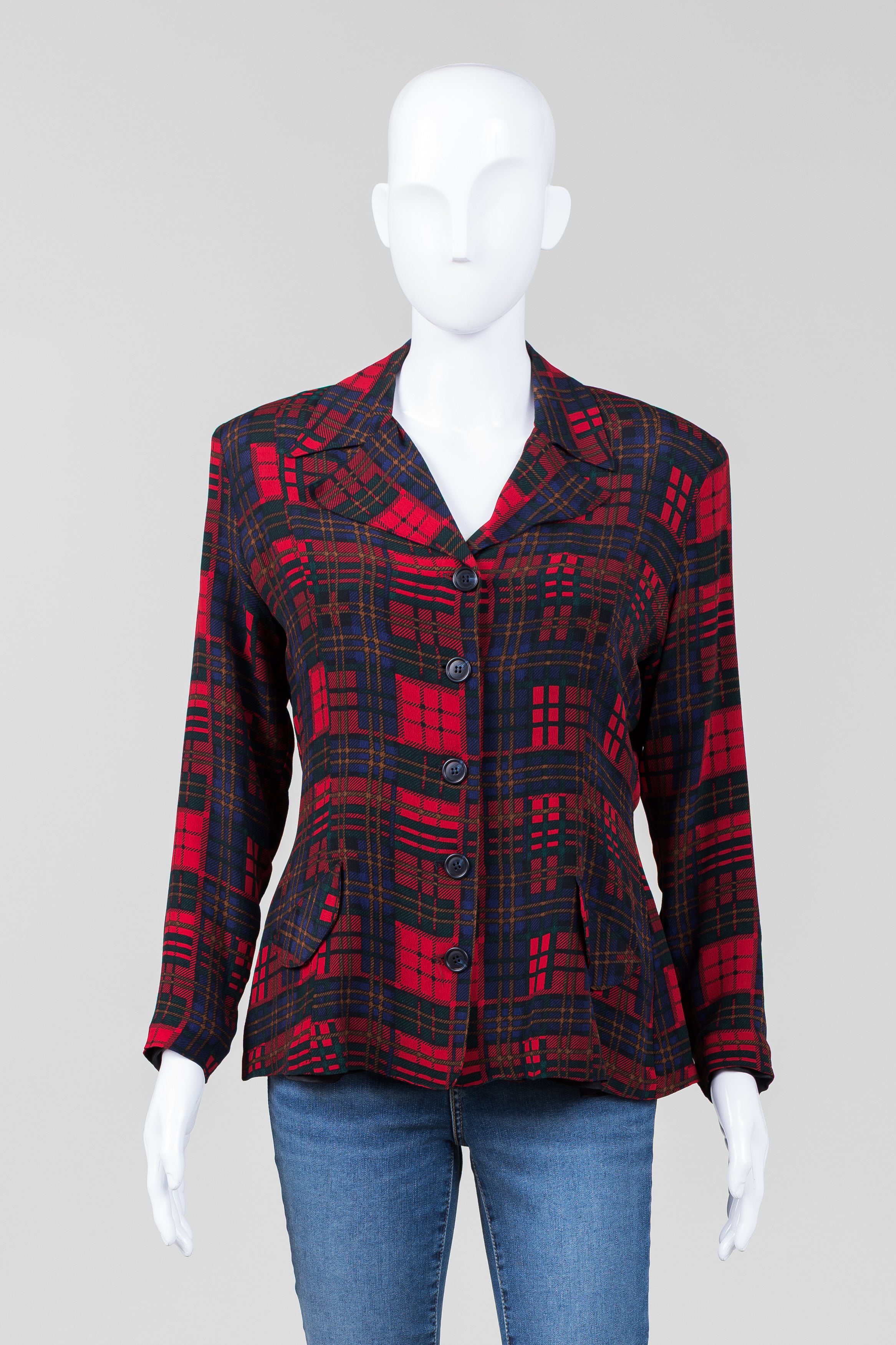 Betsey Johnson Red/Navy Printed Plaid Jacket (L)