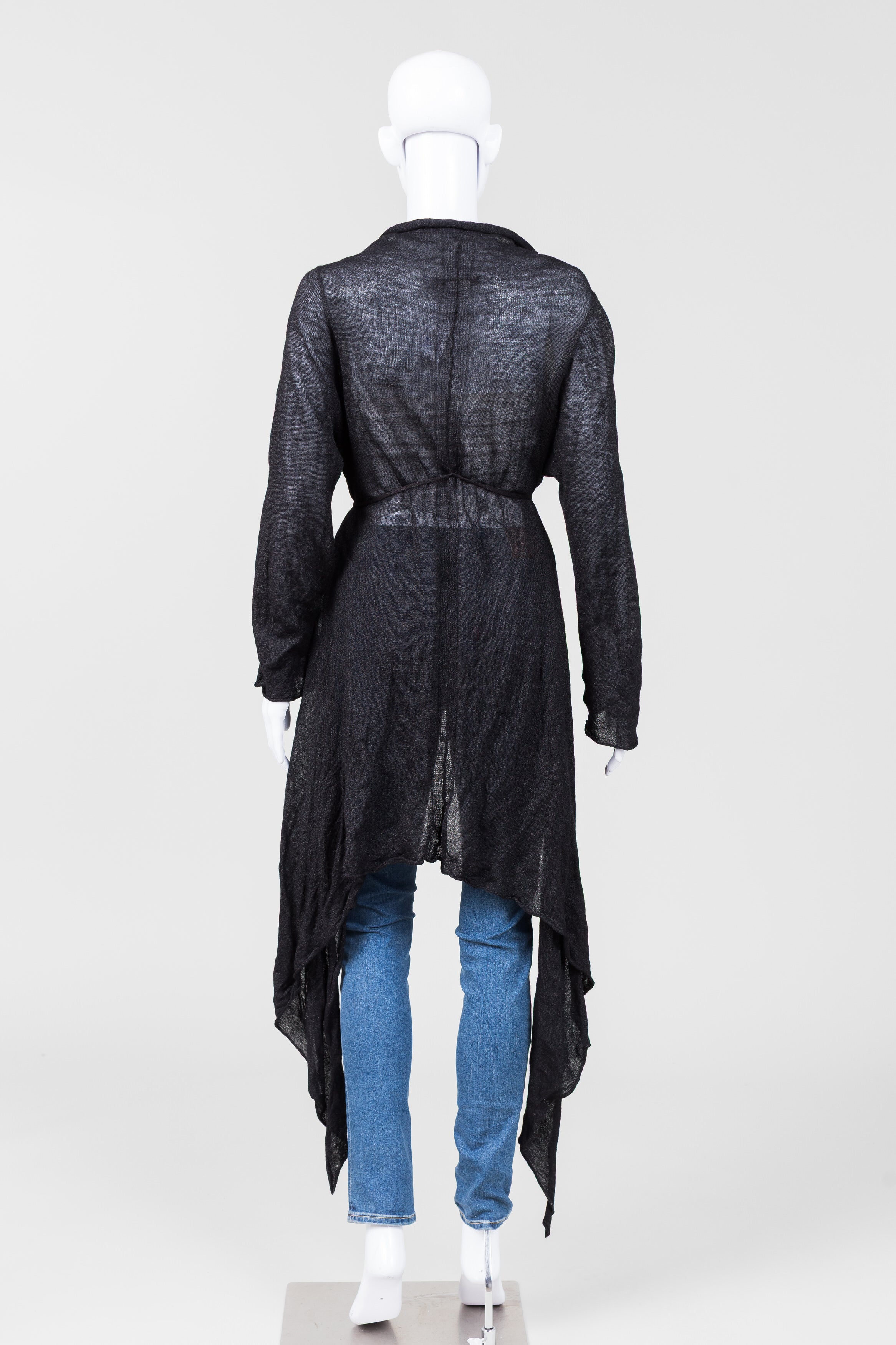 Sarah Pacini Black Knit Belted Cardigan w/ Waterfall Collar