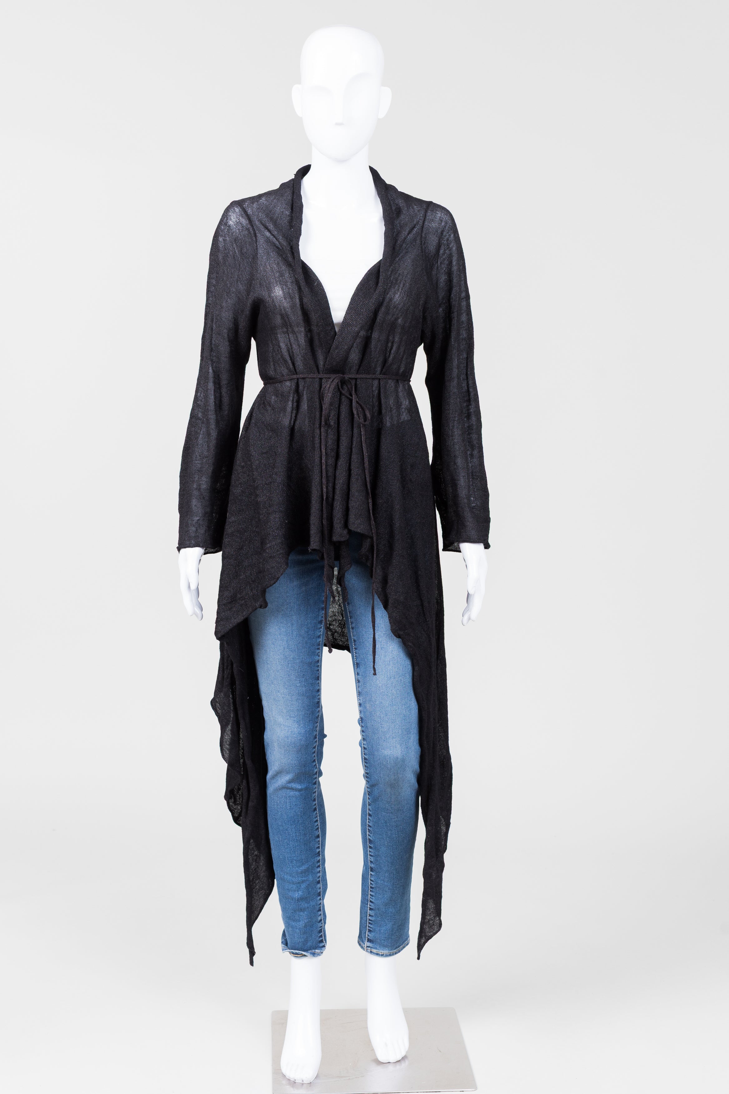 Sarah Pacini Black Knit Belted Cardigan w/ Waterfall Collar
