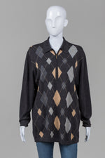Load image into Gallery viewer, BASLER wool grey/beige argyle polo sweater w/ gold thread (16)
