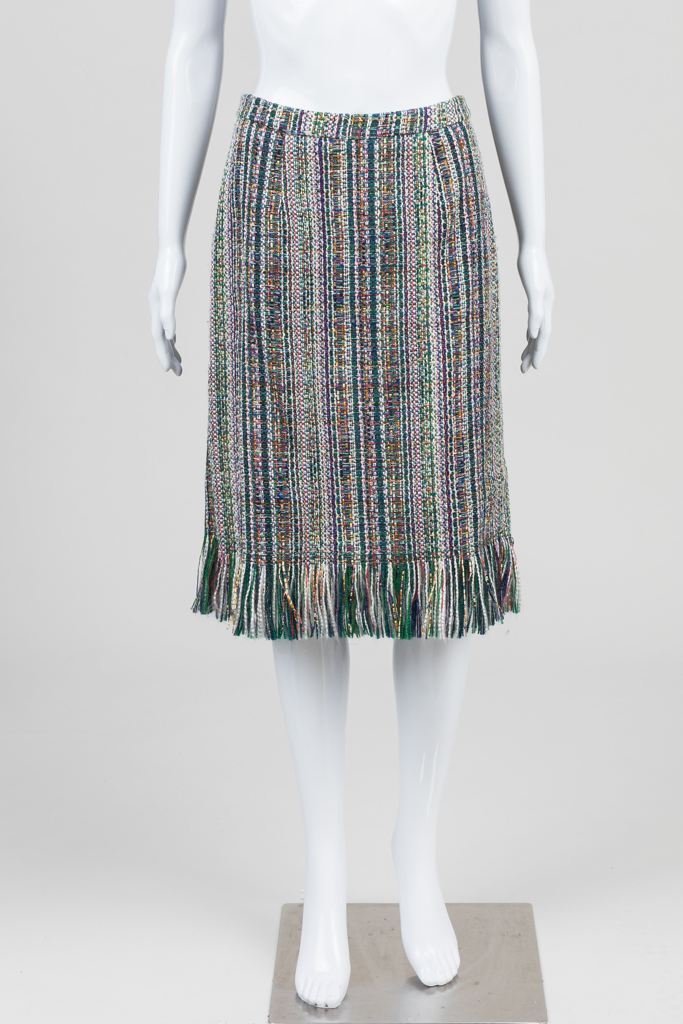 Maeve for Anthropologie Green Tweed Skirt w/ Fringe Hem