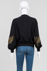 Black Sweater Knit Bomber w/ Embroidered Sleeves