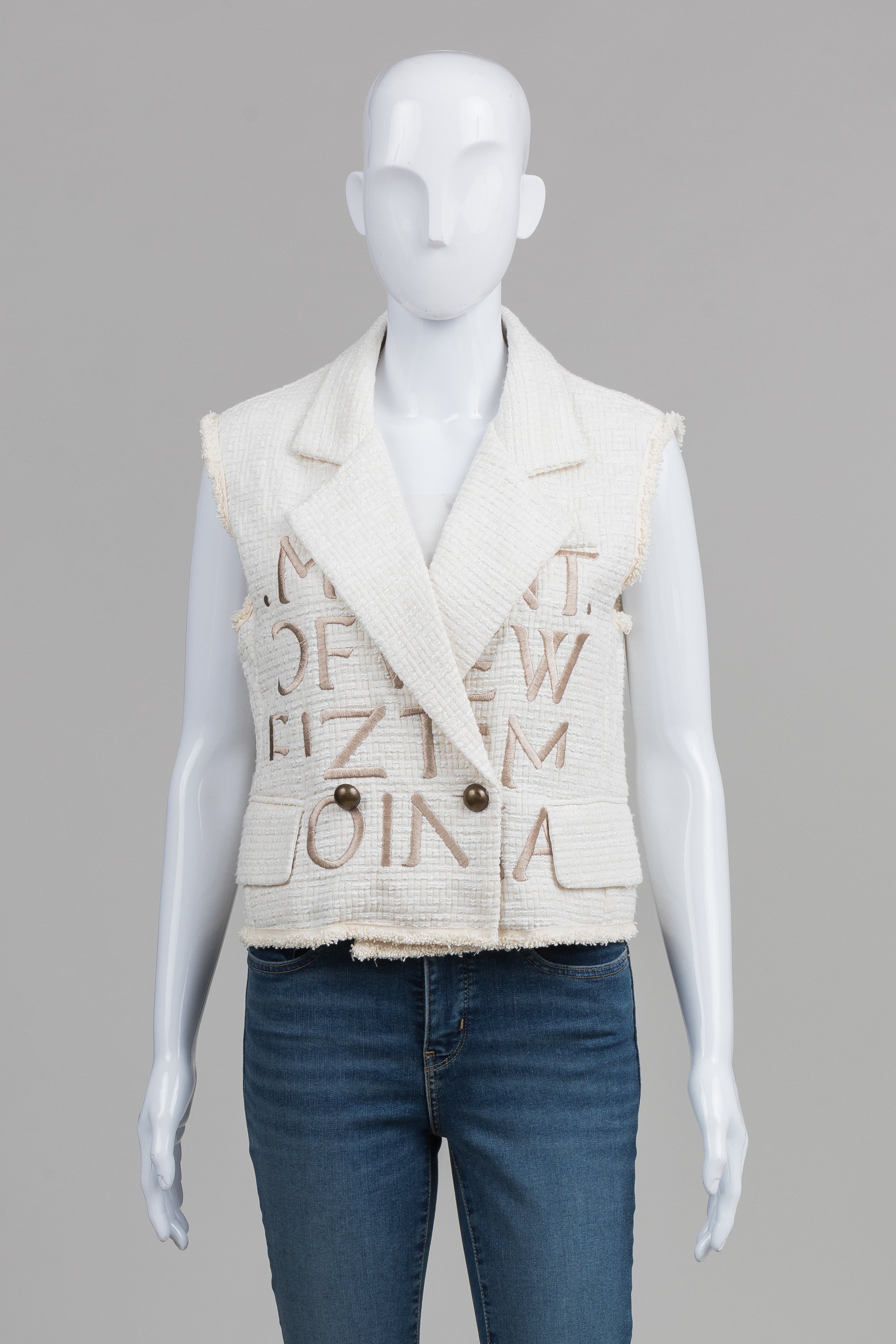 NU Cream double breasted vest with lettering on front (S)
