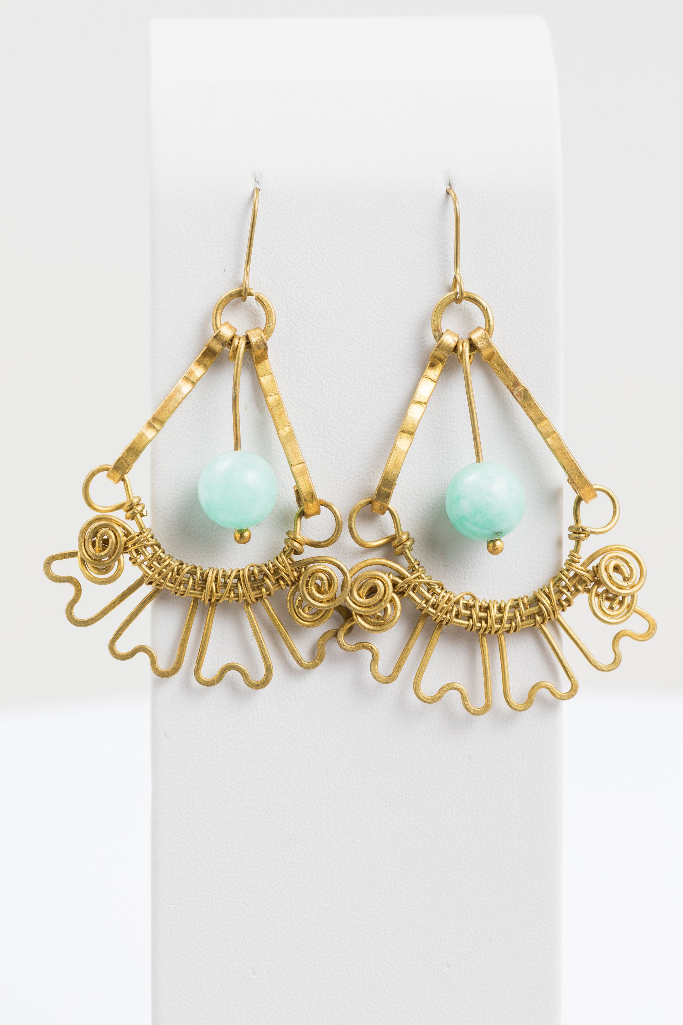 Larki Designs Gold Twisted Metal & Green Stone Earrings