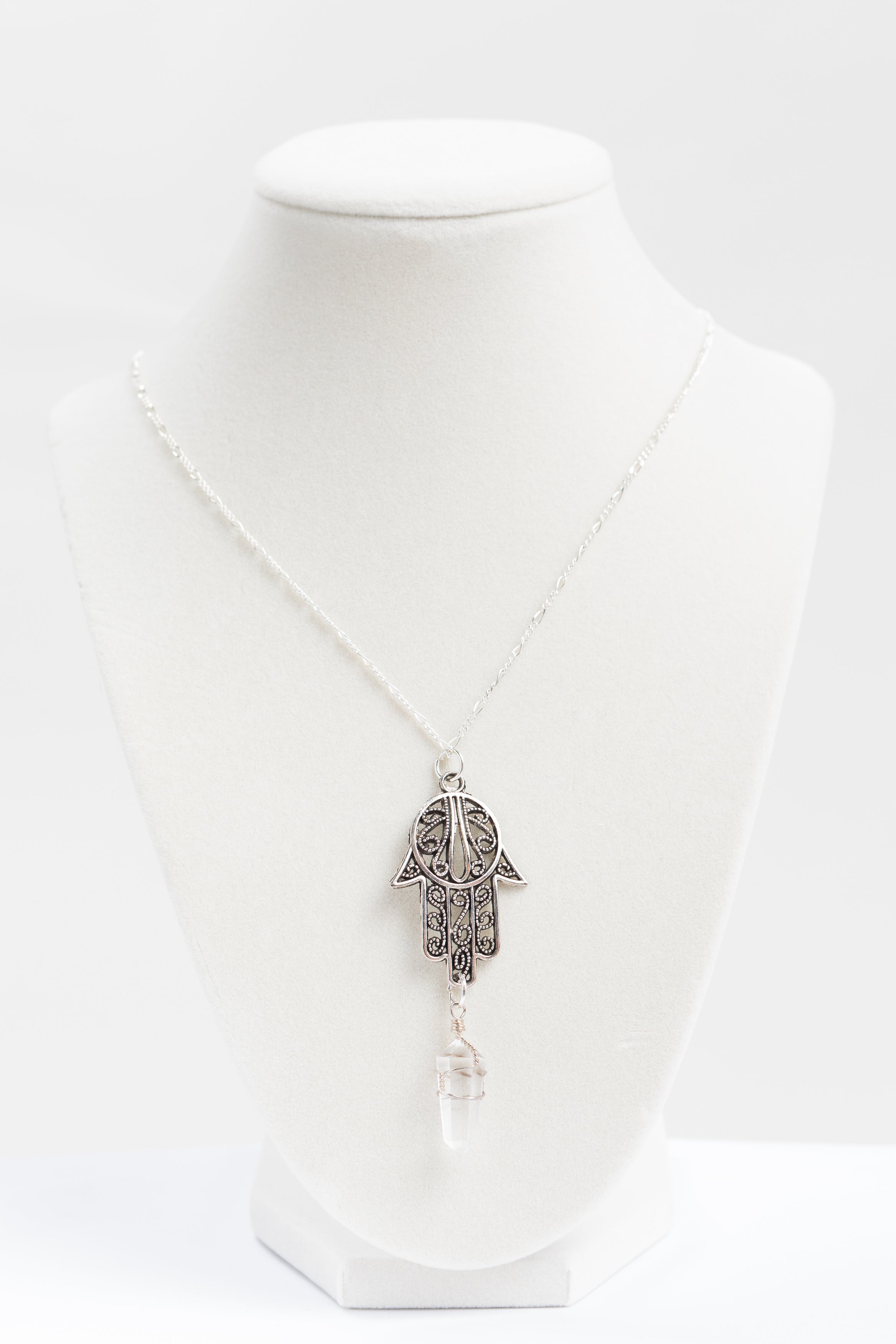 Larki Designs Silver Hamsa Hand Silver Chain & Clear Crystal Necklace