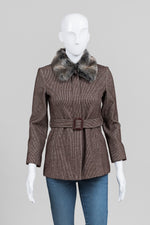 Load image into Gallery viewer, Maroon Brown Pinstripe Belted 3/4 Sleeve Jacket w/ Faux Fur Detachable Collar (36)
