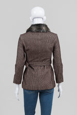 Load image into Gallery viewer, Maroon Brown Pinstripe Belted 3/4 Sleeve Jacket w/ Faux Fur Detachable Collar (36)
