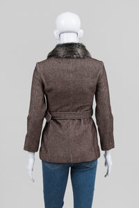 Maroon Brown Pinstripe Belted 3/4 Sleeve Jacket w/ Faux Fur Detachable Collar (36)