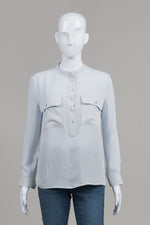 Load image into Gallery viewer, Judith &amp; Charles Light Blue Silk Collarless Shirt (2)
