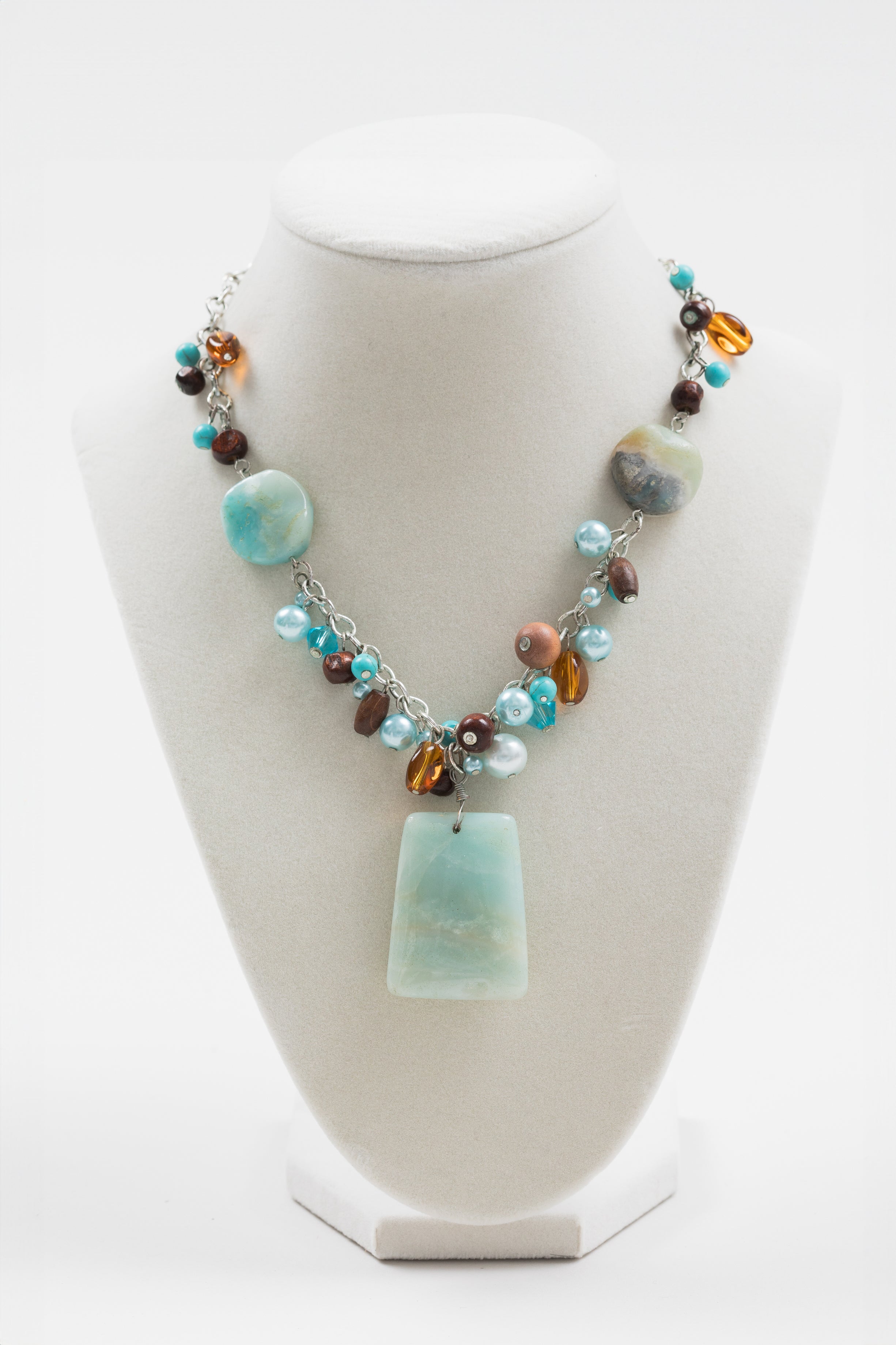 Faux pearl, stone, amber & turquoise necklace