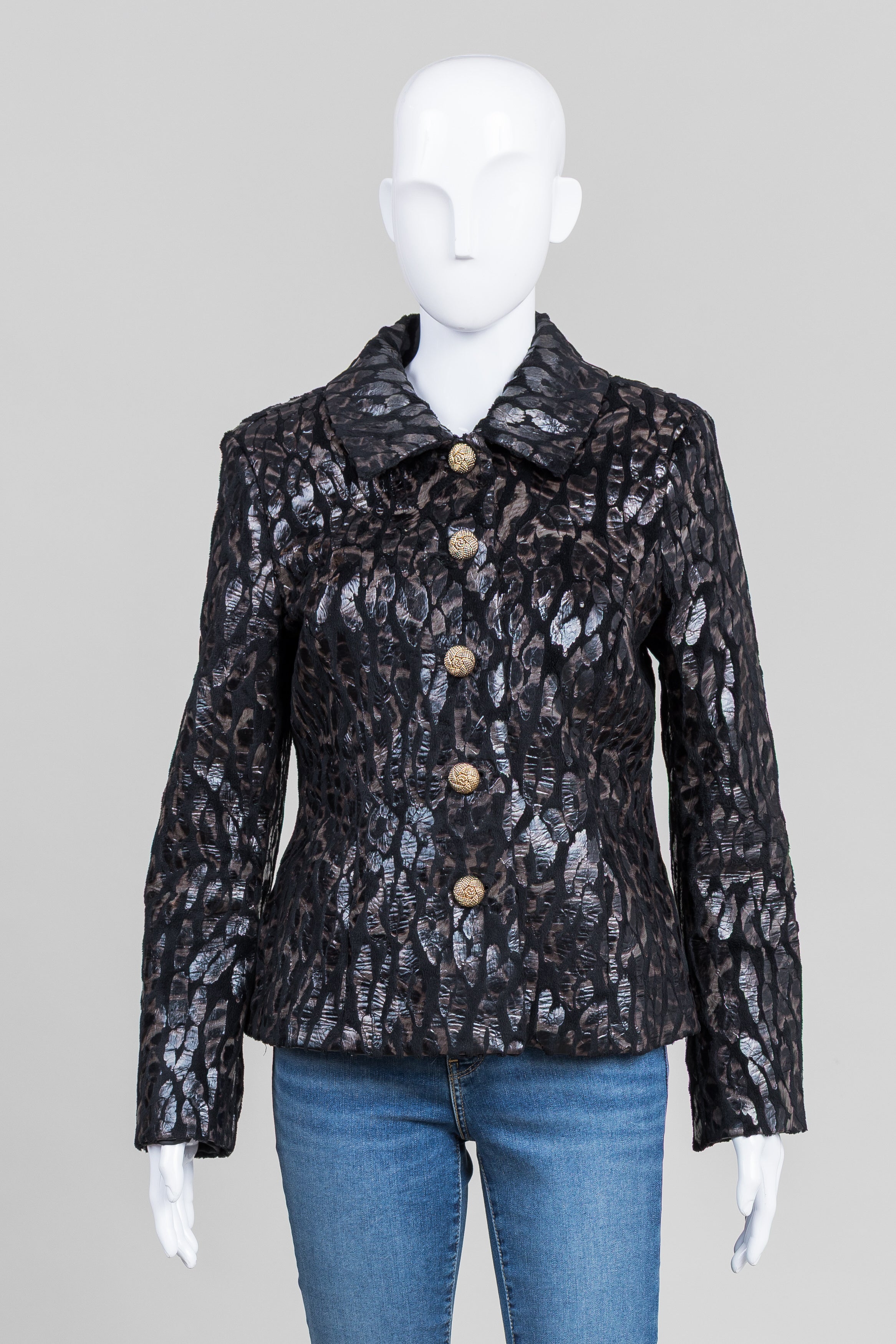 Erin Vintage Black Plush Tonal Animal Print Jacket (M)
