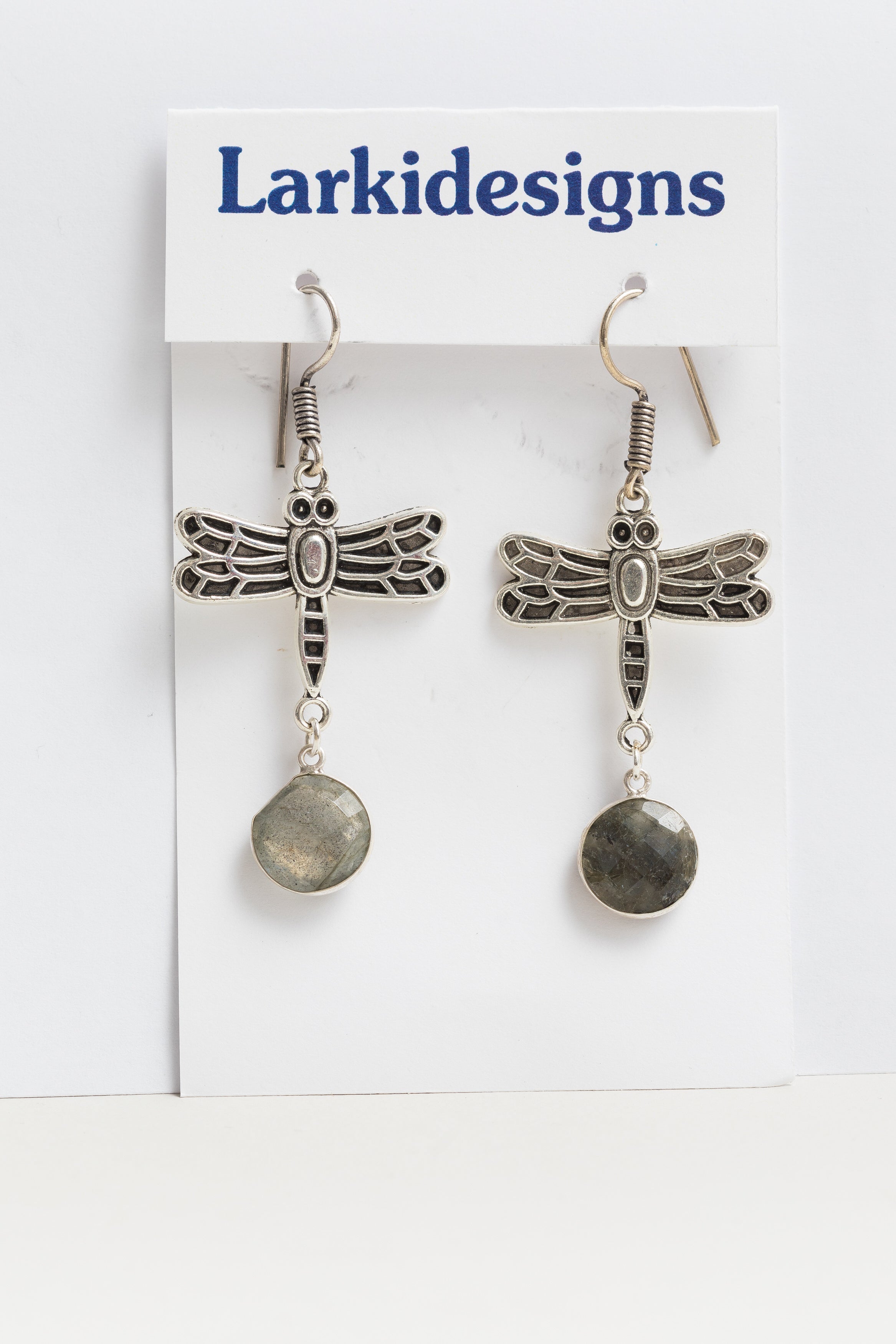 Larki Designs Silver dragonfly earrings with gray stone