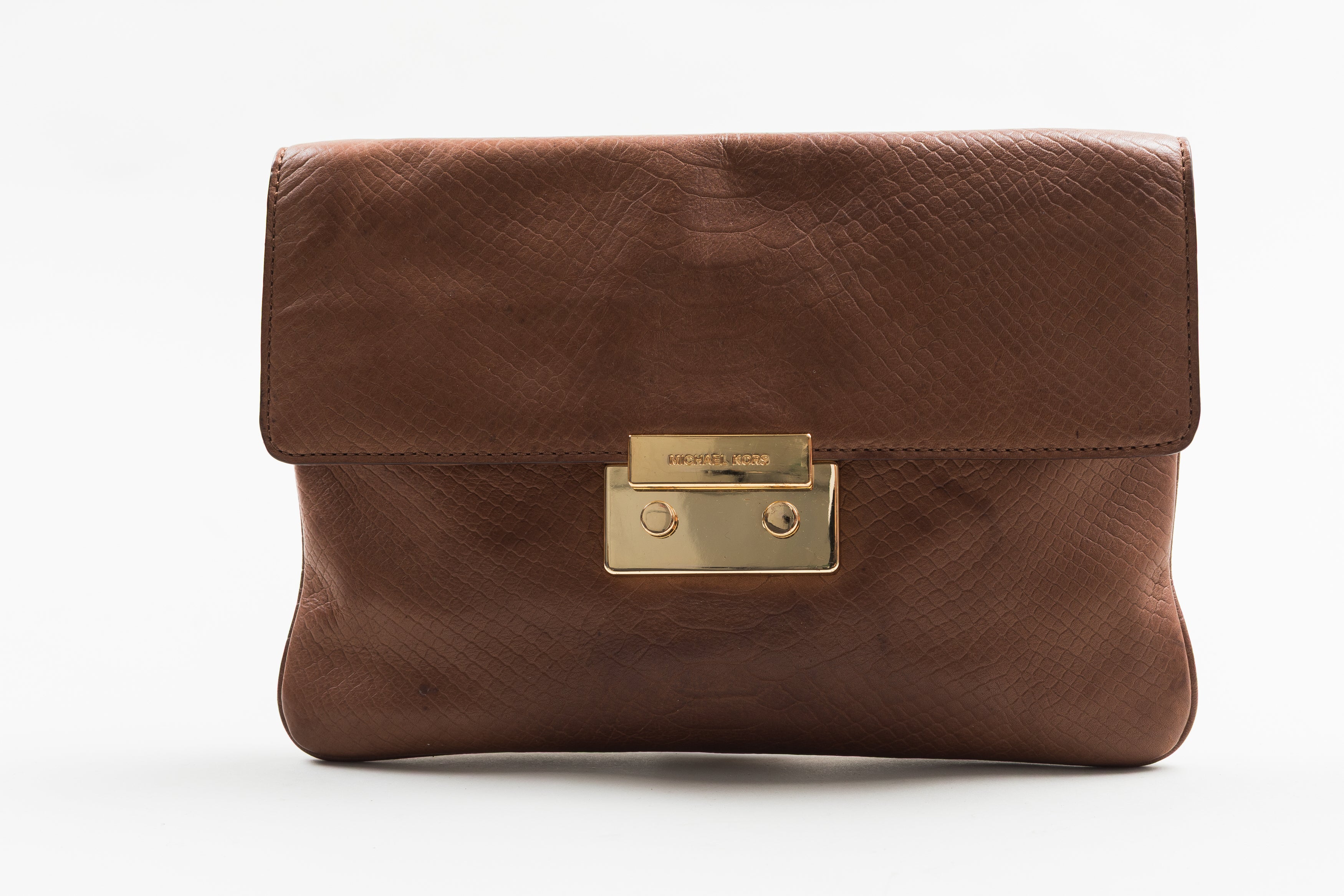 MICHAEL KORS brown leather flap handbag w/ chainlink shoulder strap.